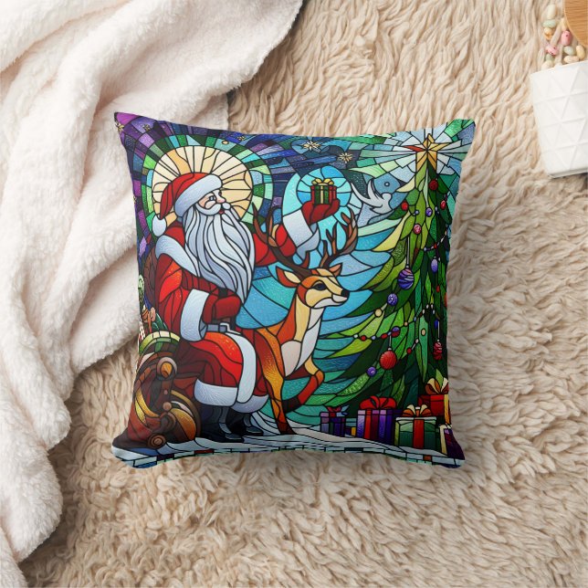 Santa celebrates by the colourful Christmas tree Cushion (Blanket)