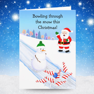Santa Cheering Snowman Bowling Card