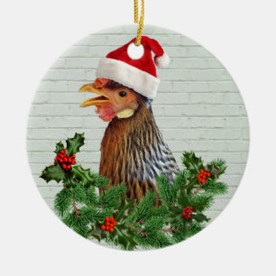 Santa Chicken Ceramic Ornament