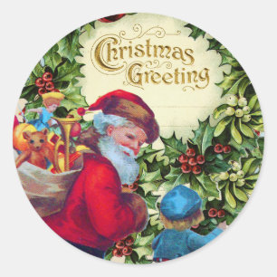 SANTA,CHILD,CHRISTMAS CROWN,HOLLYBERRY,MISTLETOES CLASSIC ROUND STICKER