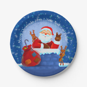 Santa Chimney Reindeer Sack Add Year Text Blue 7" Paper Plate