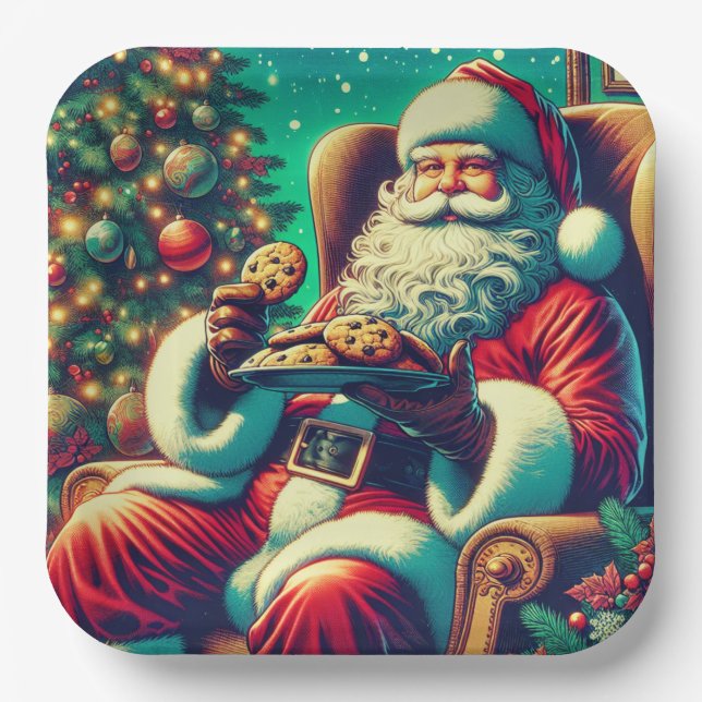 Santa Chocolate Chip Cookies | Vintage Christmas Paper Plate (Front)
