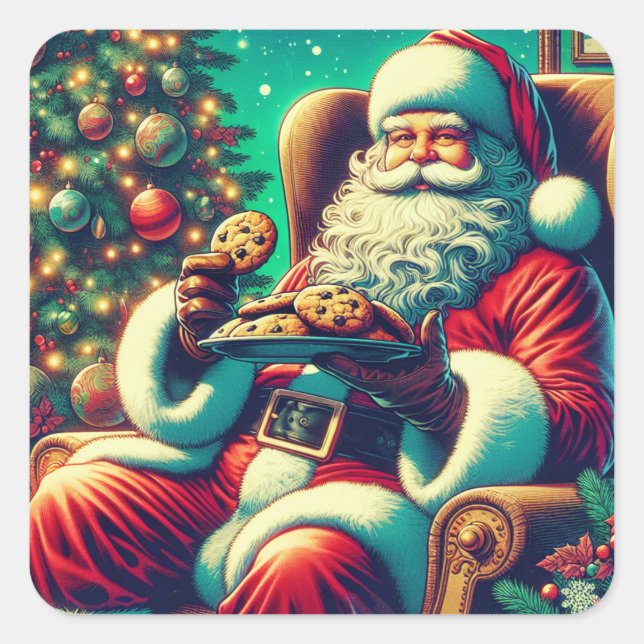 Santa Chocolate Chip Cookies | Vintage Christmas Square Sticker (Front)