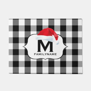 Santa Christmas Black White Buffalo Check Monogram Doormat