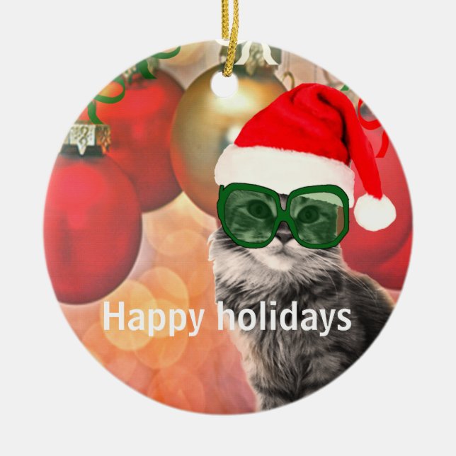 Santa Christmas Cat Ceramic Ornament (Front)