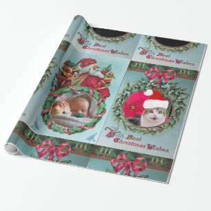 SANTA,CHRISTMAS CROWN ,RED RIBBON PHOTO TEMPLATE WRAPPING PAPER