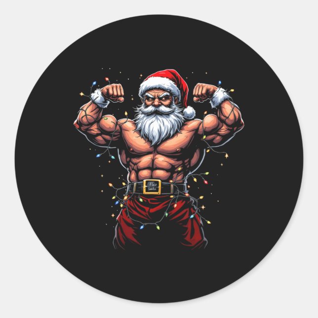 Santa Christmas Gym Workout Muscular Santa Claus  Classic Round Sticker (Front)