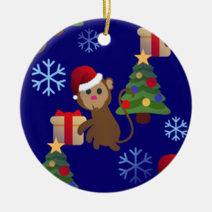 santa christmas monkey emoji ceramic ornament