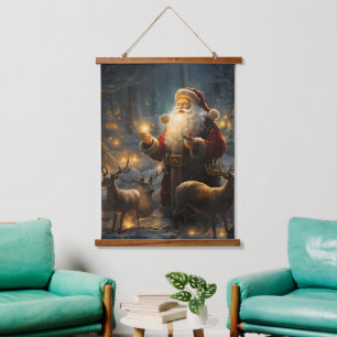 Santa Christmas Night Snowy Forest Hanging Tapestry