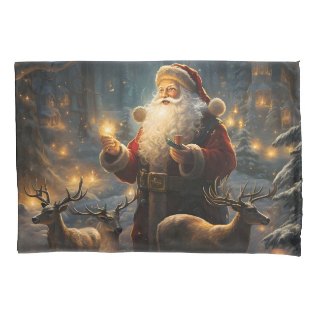 Santa Christmas Night Snowy Forest Pillowcase (Front)