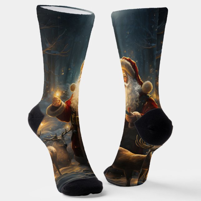 Santa Christmas Night Snowy Forest Socks (Angled)
