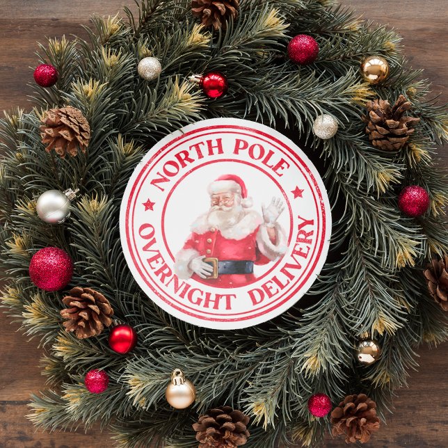 SANTA CHRISTMAS NORTH POLE OVERNIGHT DELIVERY CLASSIC ROUND STICKER (santa illustration north pole overnight delivery christmas holiday gift stickers)