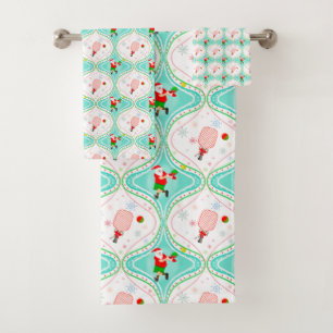 Santa Christmas Pickleball Ogee Pattern Round Bath Towel Set