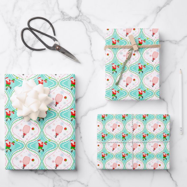 Santa Christmas Pickleball Ogee Pattern  Wrapping Paper Sheet (Front)