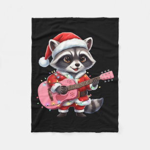Santa Christmas Raccoon Playing Pink Guitar Fleece Blanket