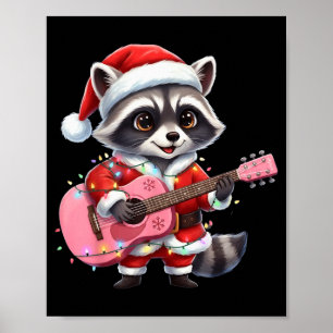Santa Christmas Racoon Playing Pink Guitar Poster