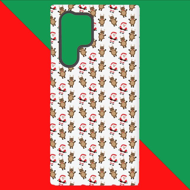 Santa Christmas Reindeer Pattern White Samsung Galaxy S22 Ultra Case (A phone case with a pattern of santa and silly reindeer)