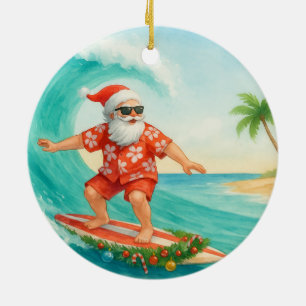Santa Christmas Surfer Surfing on Big Wave Ceramic Ornament