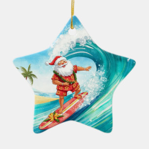 Santa Christmas Surfer Surfing on Big Wave Ceramic Ornament