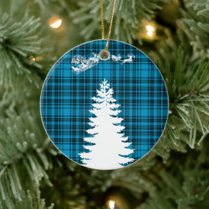santa christmas tree blue chequered plaid ceramic ornament