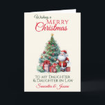 Santa Christmas Tree Daughter And Daughter In Law  Holiday Card<br><div class="desc">A beautiful festive Santa Christmas card for your daughter and daughter in law comprising of Santa Claus standing next to a beautiful decorated Christmas tree with baubles and tinsel surrounded at the bottom by wrapped boxed gifts. All text can be customised , then personalise with names and inside message ....</div>