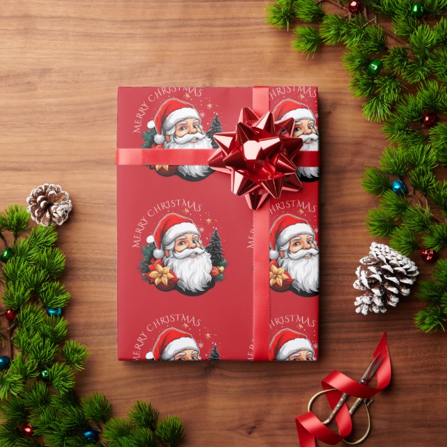 Santa Christmas Tree Red Merry Christmas Wrapping Paper (Holiday Gift)