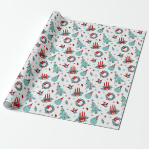 Santa Christmas Tree Snowflake Pattern Red  Wrapping Paper