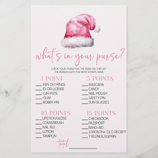 Santa Christmas What's In Purse Baby Shower Game Stationery (Front)