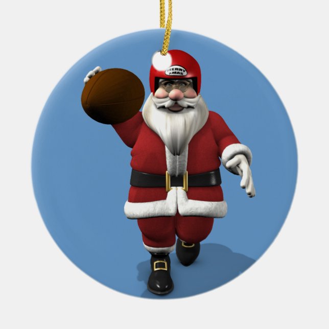 Santa Claus American Football Player Ceramic Ornament (Front)