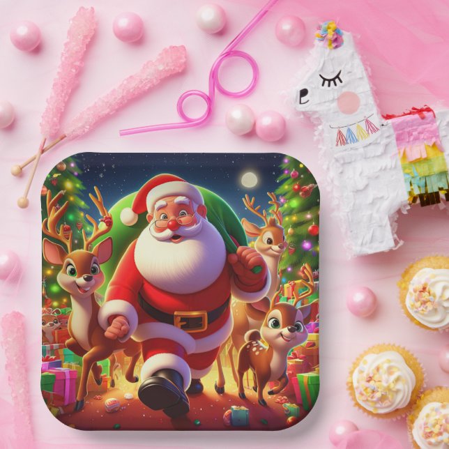 Santa Claus and 2 reindeer illustration Paper Plate (Party)