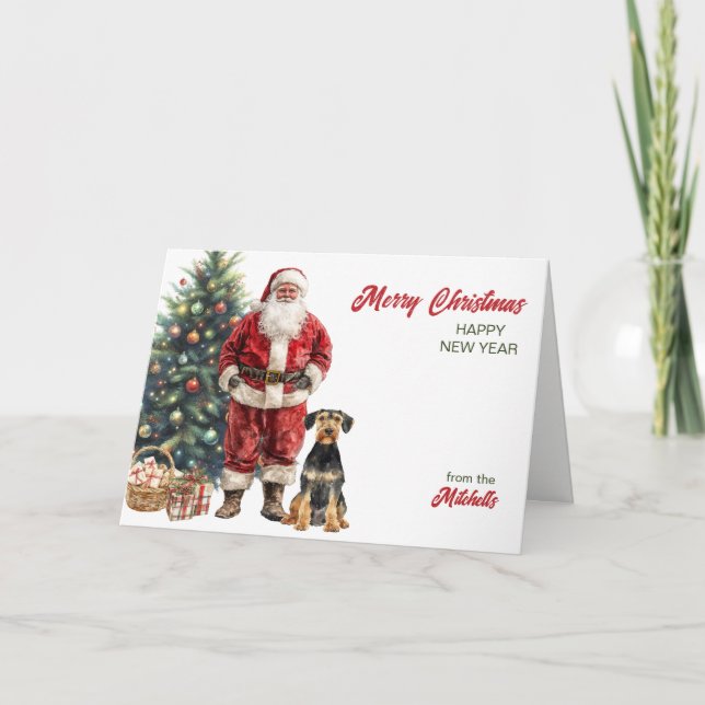 Santa Claus and Airedale Terrier Dog Christmas Holiday Card (Front)