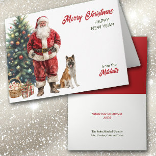 Santa Claus and Akita Dog Christmas Holiday Card