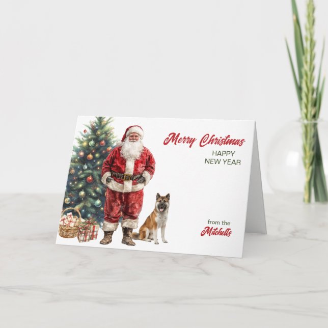 Santa Claus and Akita Dog Christmas Holiday Card (Front)