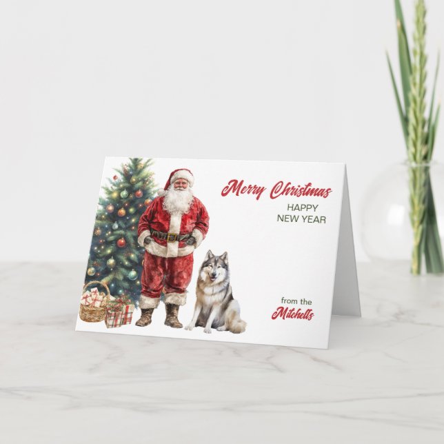 Santa Claus and Alaskan Malamute Dog Christmas Holiday Card (Front)