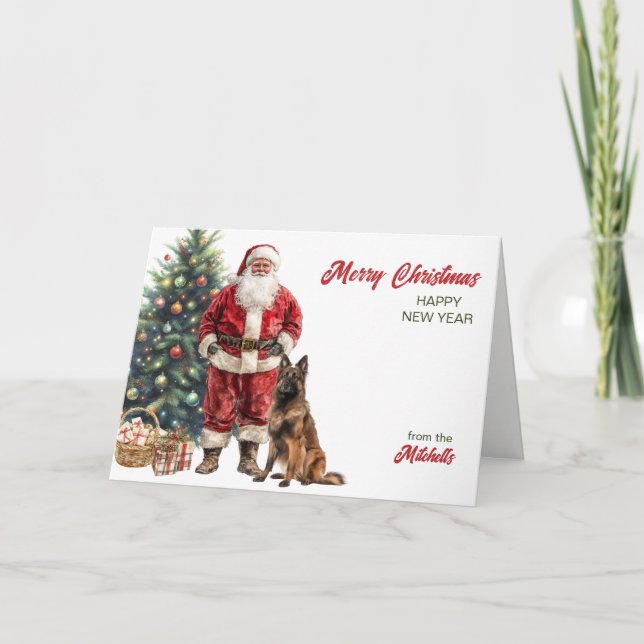 Santa Claus and Belgian Tervuren Dog Christmas Holiday Card (Front)
