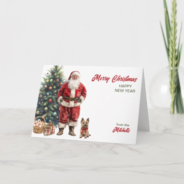 Santa Claus and Cairn Terrier Dog Christmas Holiday Card (Front)