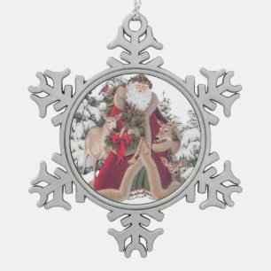 Santa Claus and Fawns Snowflake Pewter Christmas Ornament