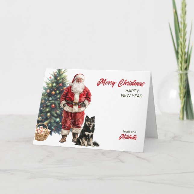 Santa Claus and Finnish Laphund Dog Christmas Holiday Card (Front)