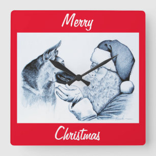 Santa Claus and Germans Shepherd Square Wall Clock