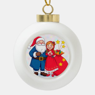 Santa Claus and Girl with a Gift Bag Ceramic Ball Christmas Ornament