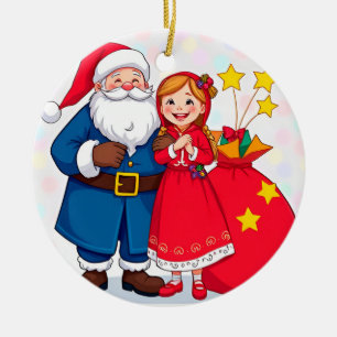 Santa Claus and Girl with a Gift Bag Ceramic Ornament