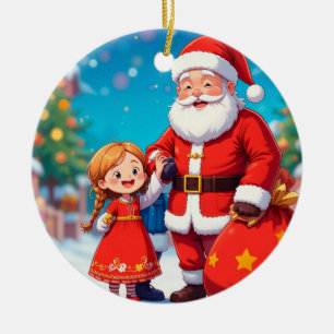 Santa Claus and Girl with a Gift Bag Ceramic Ornament
