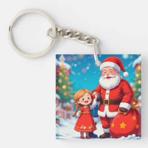 Santa Claus and Girl with a Gift Bag Key Ring