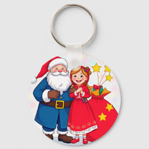 Santa Claus and Girl with a Gift Bag Key Ring