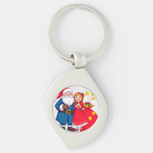 Santa Claus and Girl with a Gift Bag Key Ring