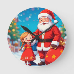 Santa Claus and Girl with a Gift Bag Round Clock