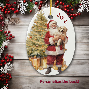 Santa Claus and Golden Retriever Puppy Christmas Ceramic Ornament
