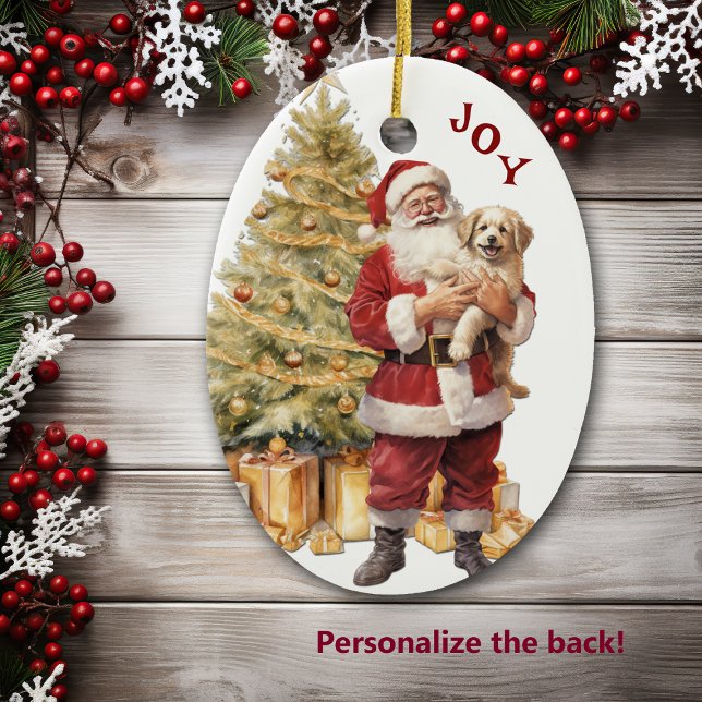 Santa Claus and Golden Retriever Puppy Christmas Ceramic Ornament (Creator Uploaded)