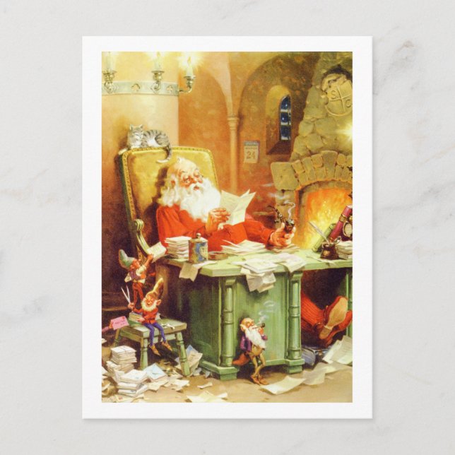 Santa Claus and His Elves Check His List Holiday Postcard (Front)