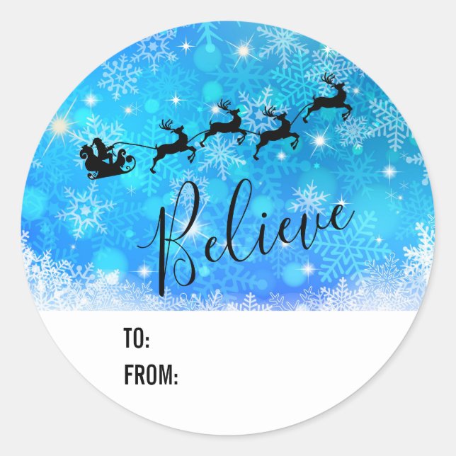 Santa Claus and his Flying Reindeer - Believe Classic Round Sticker (Front)